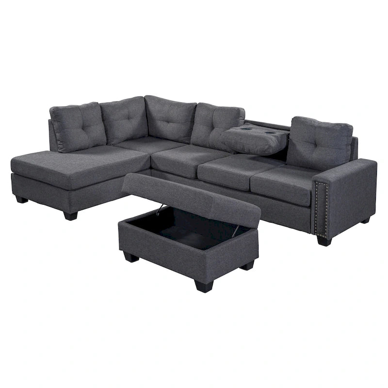 105.2  Reversible L-Shaped 6-Seater Sectional Sofa with Storage Ottoman and Cup Holders, Space-Saving Linen Design