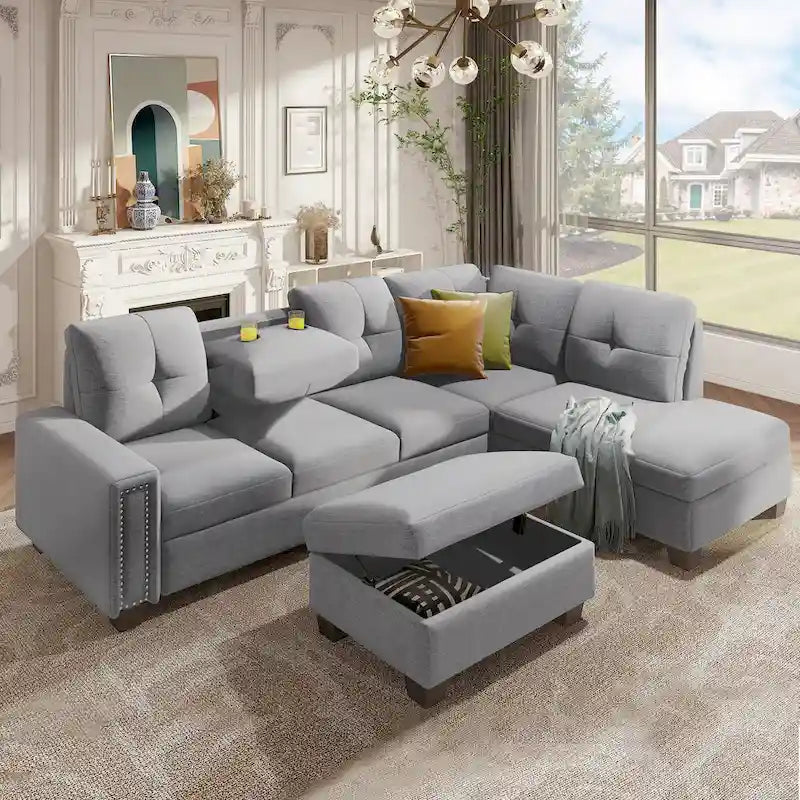 105.2  Reversible L-Shaped 6-Seater Sectional Sofa with Storage Ottoman and Cup Holders, Space-Saving Linen Design