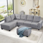 105.2  Reversible L-Shaped 6-Seater Sectional Sofa with Storage Ottoman and Cup Holders, Space-Saving Linen Design