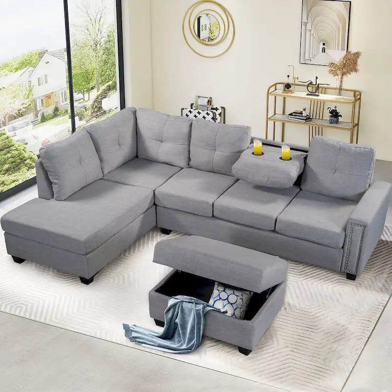 105.2  Reversible L-Shaped 6-Seater Sectional Sofa with Storage Ottoman and Cup Holders, Space-Saving Linen Design