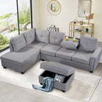105.2  Reversible L-Shaped 6-Seater Sectional Sofa with Storage Ottoman and Cup Holders, Space-Saving Linen Design