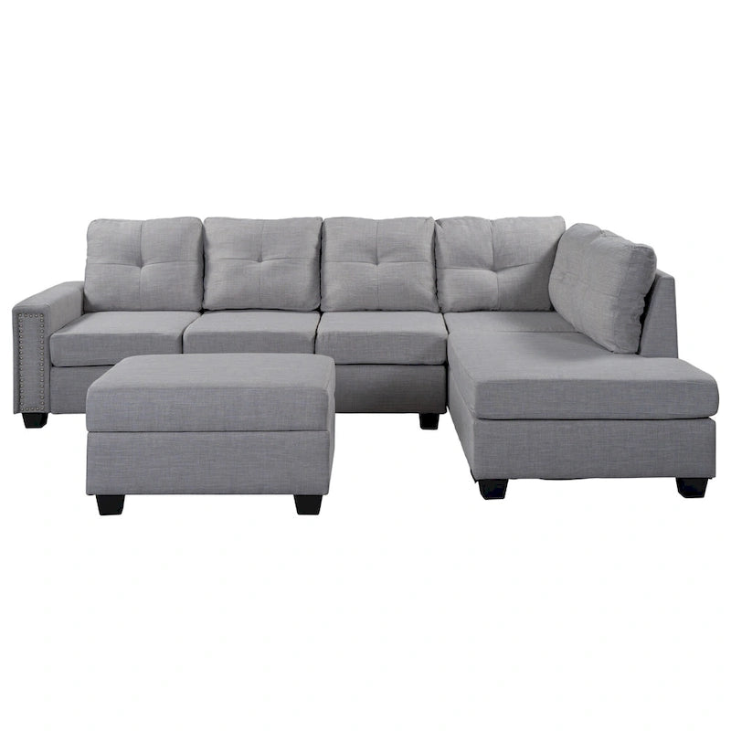 105.2  Reversible L-Shaped 6-Seater Sectional Sofa with Storage Ottoman and Cup Holders, Space-Saving Linen Design