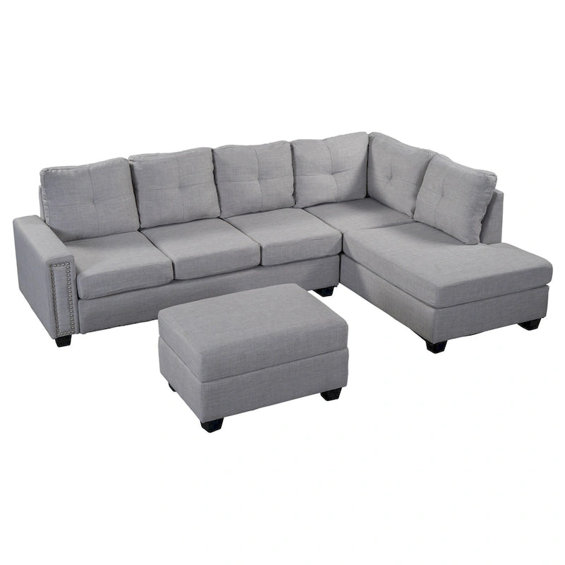 105.2  Reversible L-Shaped 6-Seater Sectional Sofa with Storage Ottoman and Cup Holders, Space-Saving Linen Design