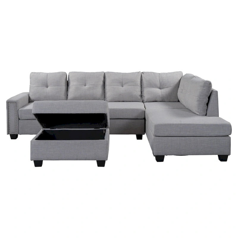 105.2  Reversible L-Shaped 6-Seater Sectional Sofa with Storage Ottoman and Cup Holders, Space-Saving Linen Design