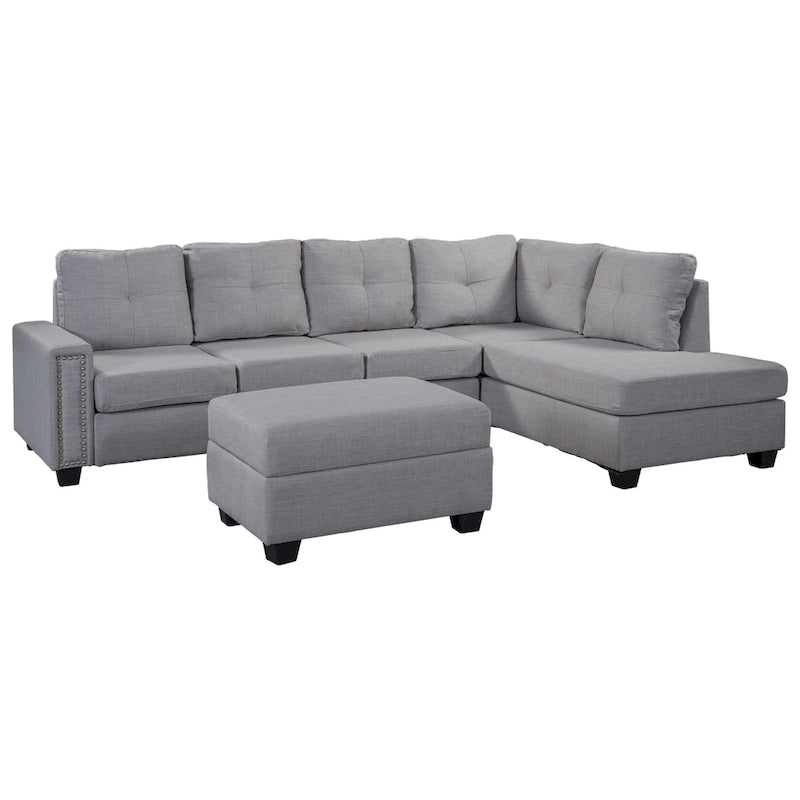 105.2  Reversible L-Shaped 6-Seater Sectional Sofa with Storage Ottoman and Cup Holders, Space-Saving Linen Design