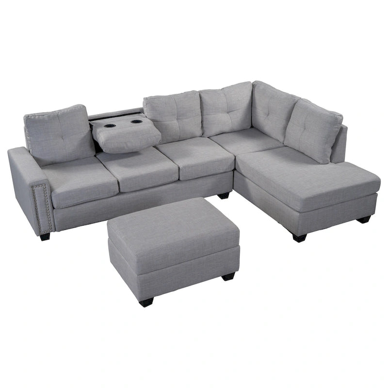 105.2  Reversible L-Shaped 6-Seater Sectional Sofa with Storage Ottoman and Cup Holders, Space-Saving Linen Design