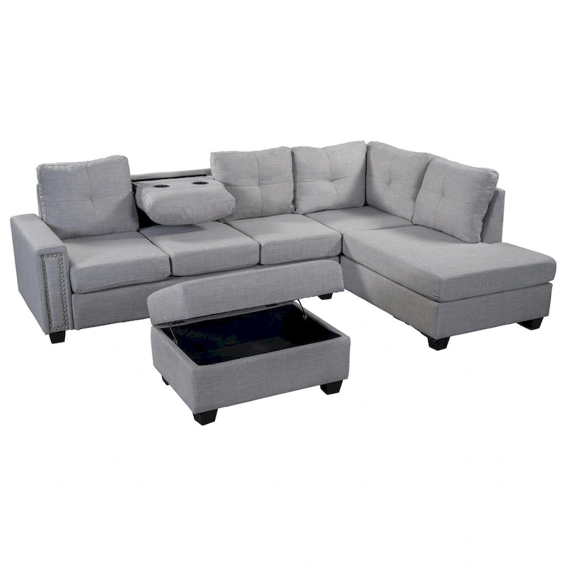 105.2  Reversible L-Shaped 6-Seater Sectional Sofa with Storage Ottoman and Cup Holders, Space-Saving Linen Design
