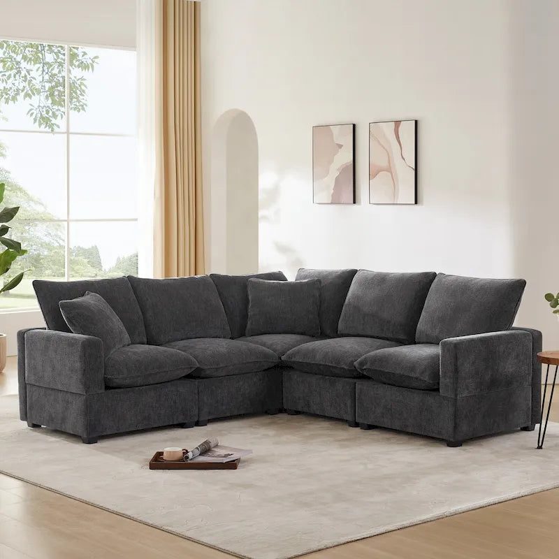 Black 84  Modular Chenille 5-Seat Corner Sectional Sofa Set with 2 Pillows, Ideal for Living Room or Apartment Use