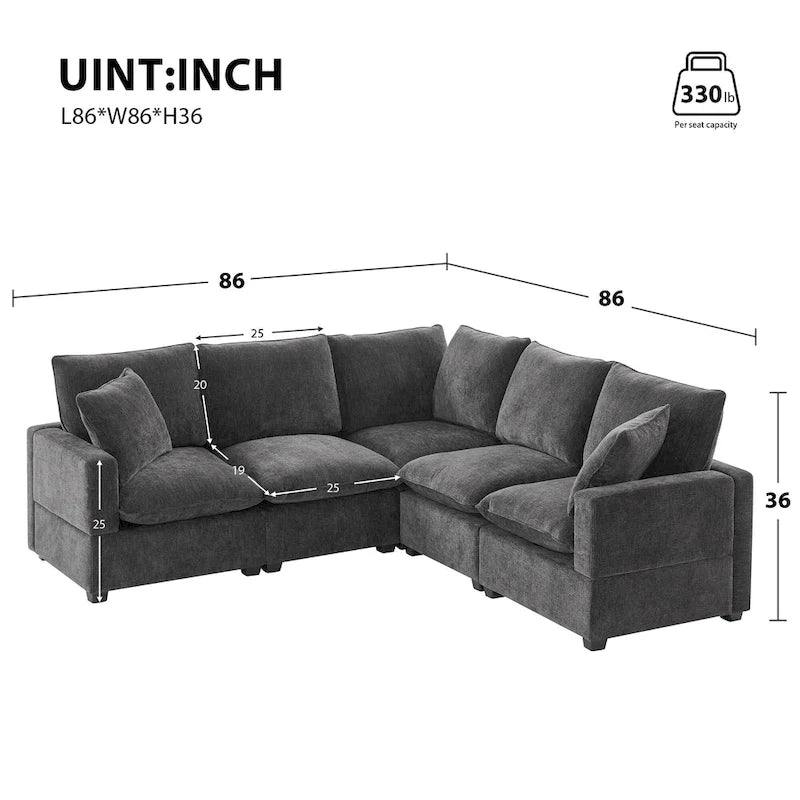 Black 84  Modular Chenille 5-Seat Corner Sectional Sofa Set with 2 Pillows, Ideal for Living Room or Apartment Use