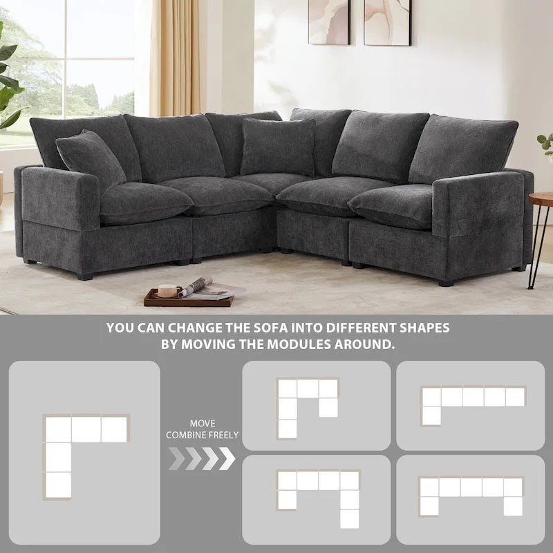Black 84  Modular Chenille 5-Seat Corner Sectional Sofa Set with 2 Pillows, Ideal for Living Room or Apartment Use