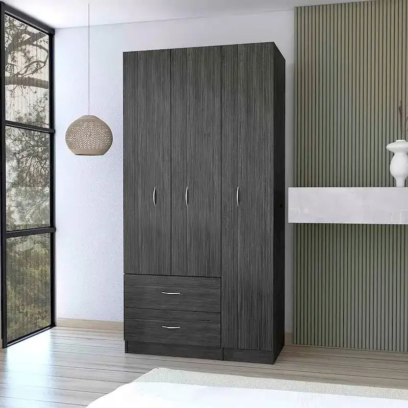 18.5  Modern Three-door Armoire with Hanging Rod, Four Interior Shelves and Two Bottom Drawers