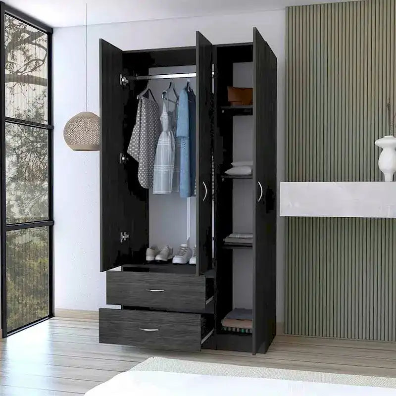 18.5  Modern Three-door Armoire with Hanging Rod, Four Interior Shelves and Two Bottom Drawers