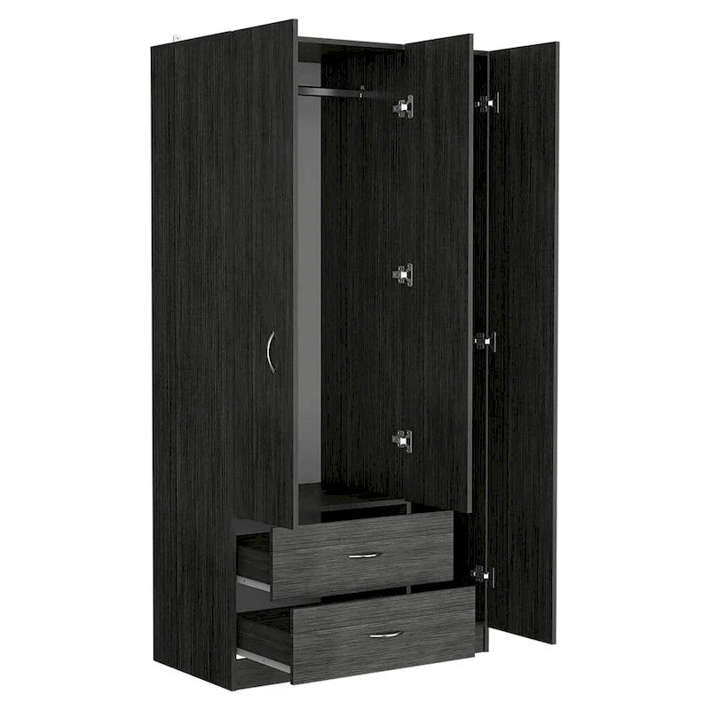18.5  Modern Three-door Armoire with Hanging Rod, Four Interior Shelves and Two Bottom Drawers