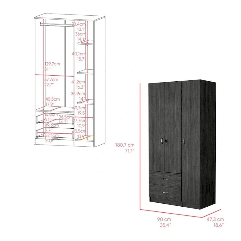 18.5  Modern Three-door Armoire with Hanging Rod, Four Interior Shelves and Two Bottom Drawers