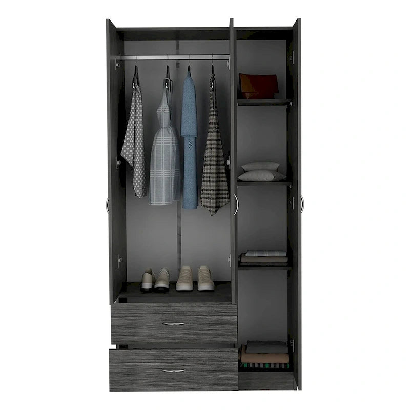 18.5  Modern Three-door Armoire with Hanging Rod, Four Interior Shelves and Two Bottom Drawers