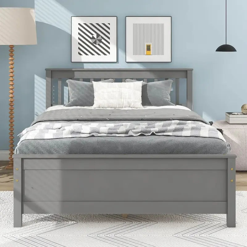 Grey Full Size Platform Pine Wooden Bed with Headboard & Footboard