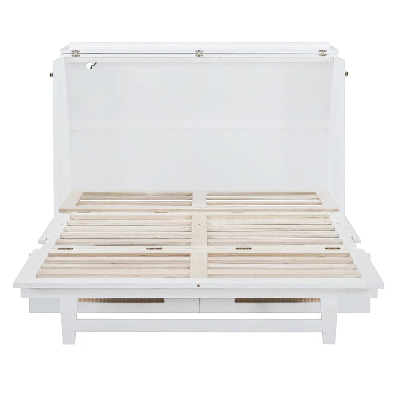 White Full Size Murphy Bed with Large Drawer, USB Ports, and Outlets