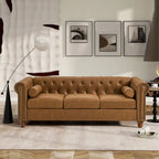 Brown 74.5  Fabric Upholstered Chesterfield Sofa with Tufted Backrest, 2 Headrests, and Sponge Cushions