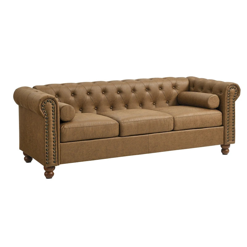 Brown 74.5  Fabric Upholstered Chesterfield Sofa with Tufted Backrest, 2 Headrests, and Sponge Cushions