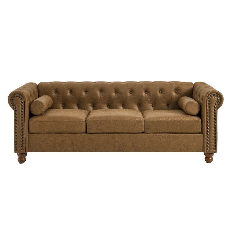 Brown 74.5  Fabric Upholstered Chesterfield Sofa with Tufted Backrest, 2 Headrests, and Sponge Cushions
