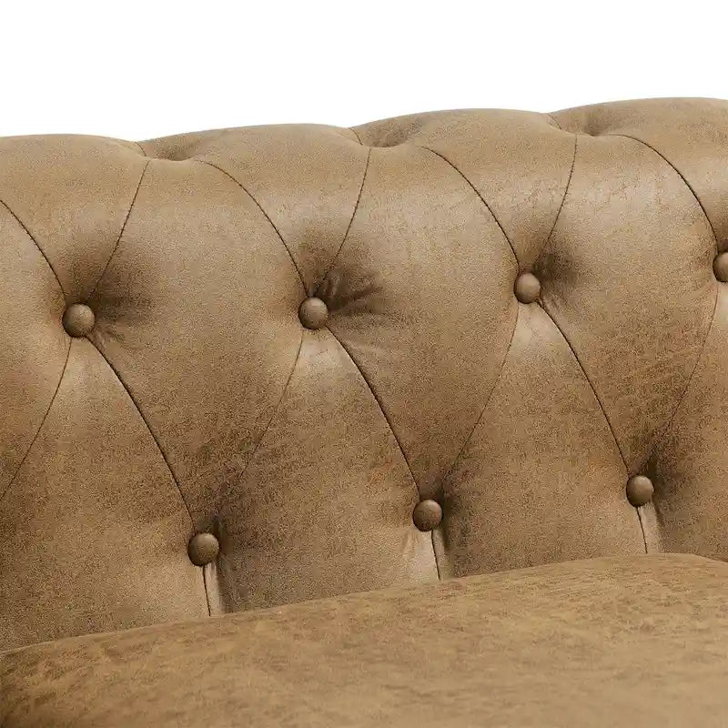 Brown 74.5  Fabric Upholstered Chesterfield Sofa with Tufted Backrest, 2 Headrests, and Sponge Cushions