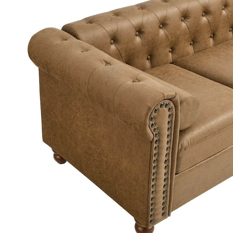 Brown 74.5  Fabric Upholstered Chesterfield Sofa with Tufted Backrest, 2 Headrests, and Sponge Cushions