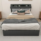 Dark Gray Queen Size Platform Bed with 4 Storage Drawers, USB & LED Lights