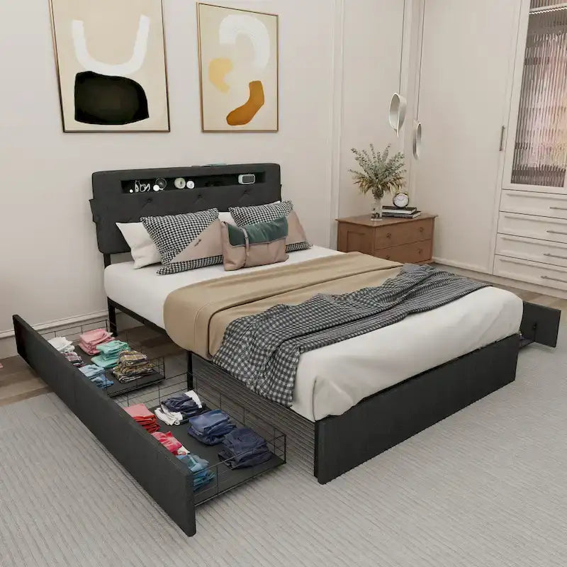 Dark Gray Queen Size Platform Bed with 4 Storage Drawers, USB & LED Lights