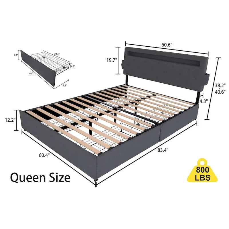 Dark Gray Queen Size Platform Bed with 4 Storage Drawers, USB & LED Lights