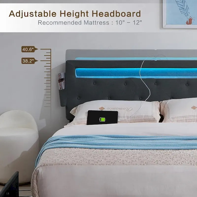 Dark Gray Queen Size Platform Bed with 4 Storage Drawers, USB & LED Lights