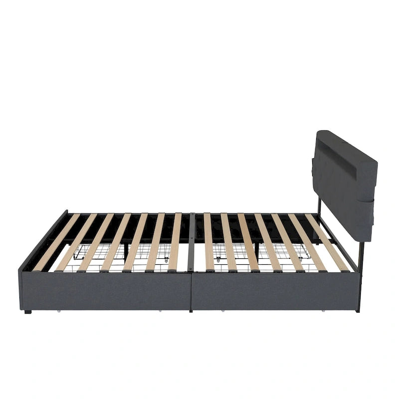 Dark Gray Queen Size Platform Bed with 4 Storage Drawers, USB & LED Lights