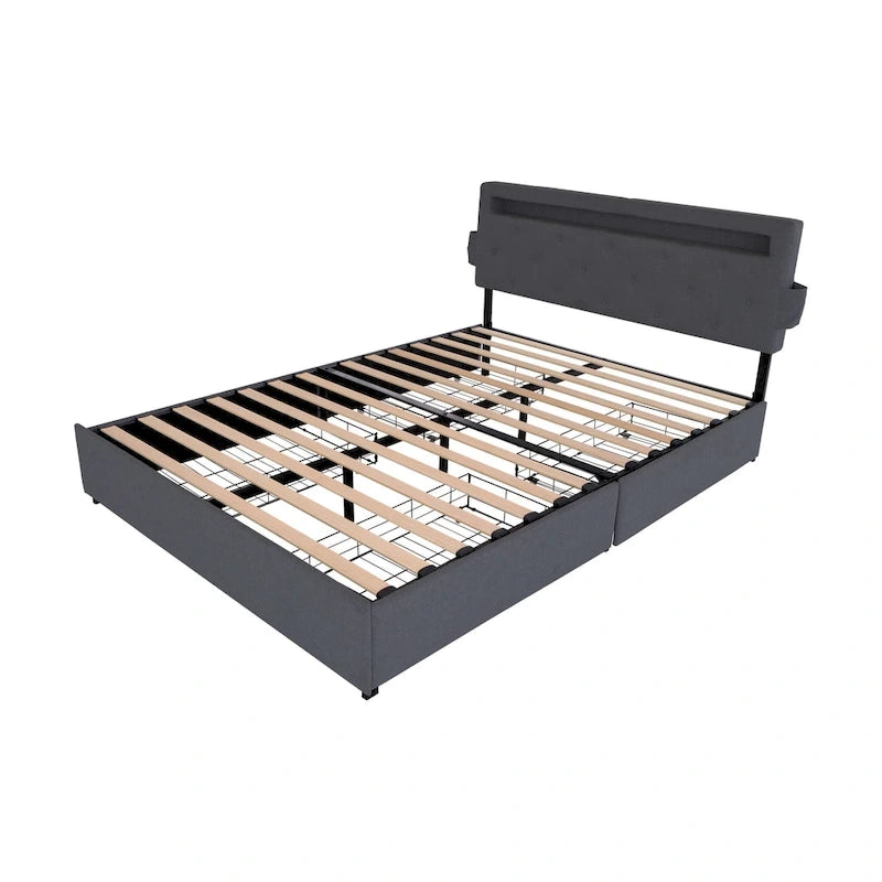 Dark Gray Queen Size Platform Bed with 4 Storage Drawers, USB & LED Lights