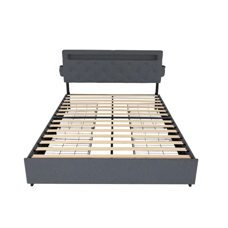Dark Gray Queen Size Platform Bed with 4 Storage Drawers, USB & LED Lights