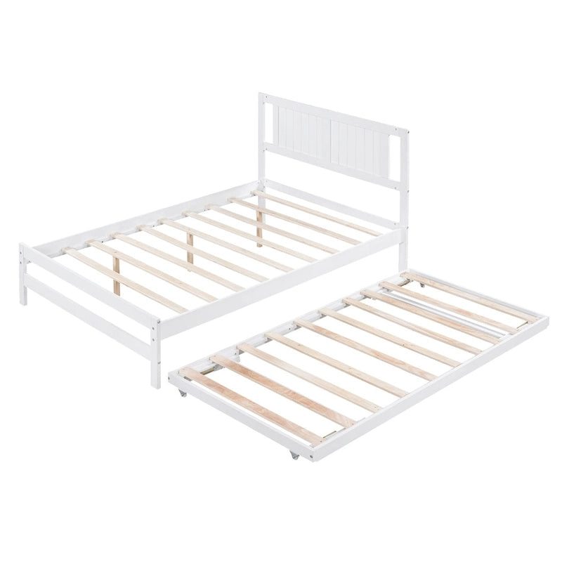 Modern Full Size Pine Wood Platform Bed with Adjustable Trundle