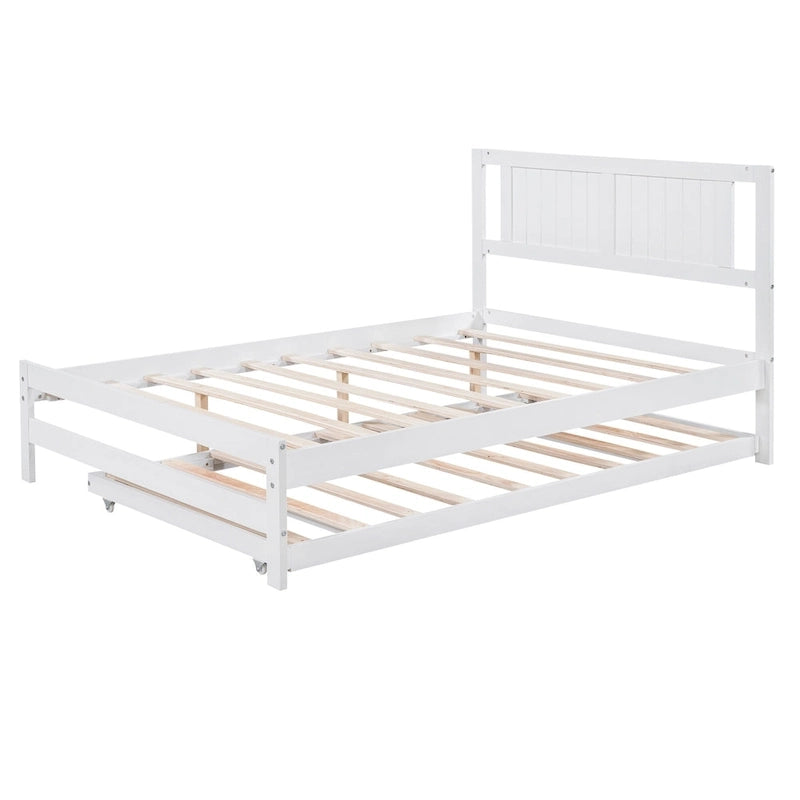 Modern Full Size Pine Wood Platform Bed with Adjustable Trundle