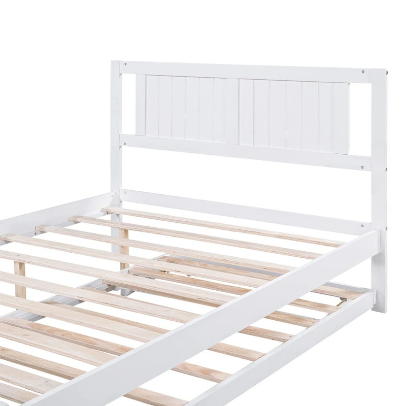 Modern Full Size Pine Wood Platform Bed with Adjustable Trundle