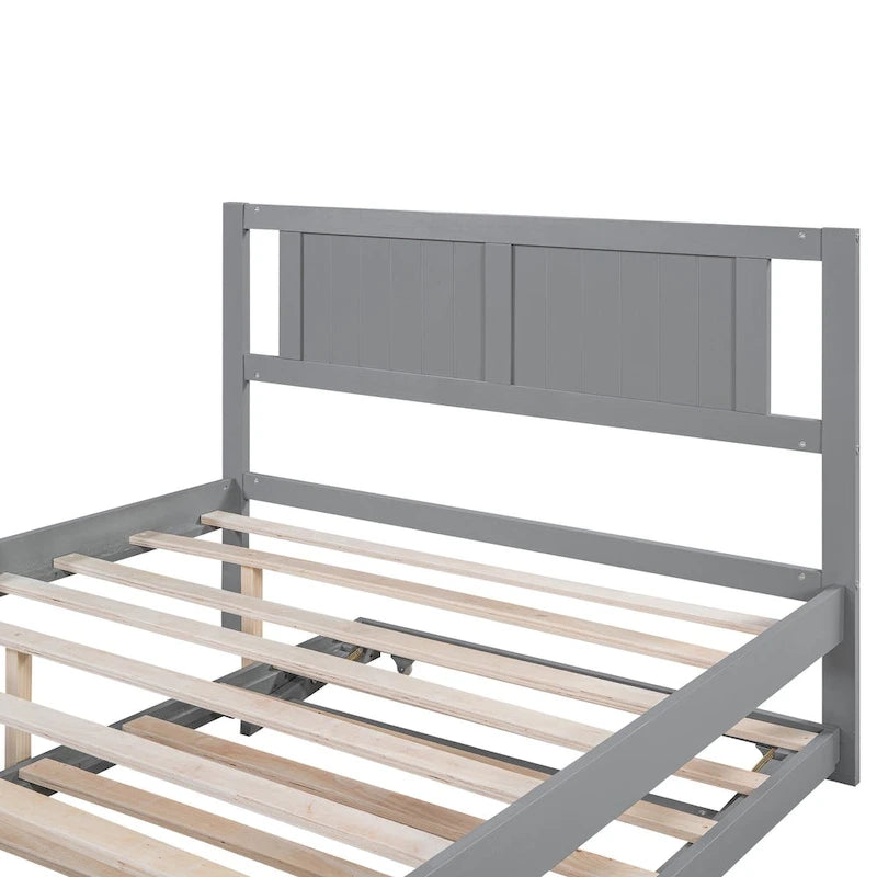 Modern Full Size Pine Wood Platform Bed with Adjustable Trundle