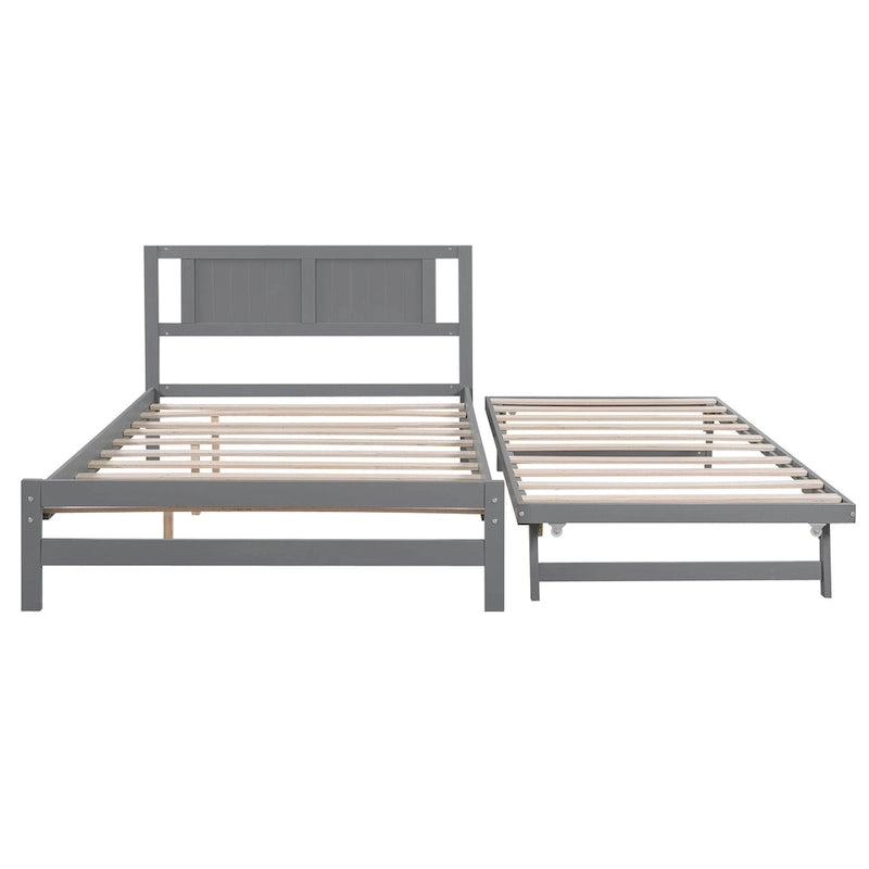 Modern Full Size Pine Wood Platform Bed with Adjustable Trundle