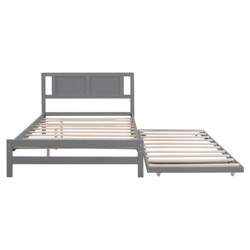Modern Full Size Pine Wood Platform Bed with Adjustable Trundle
