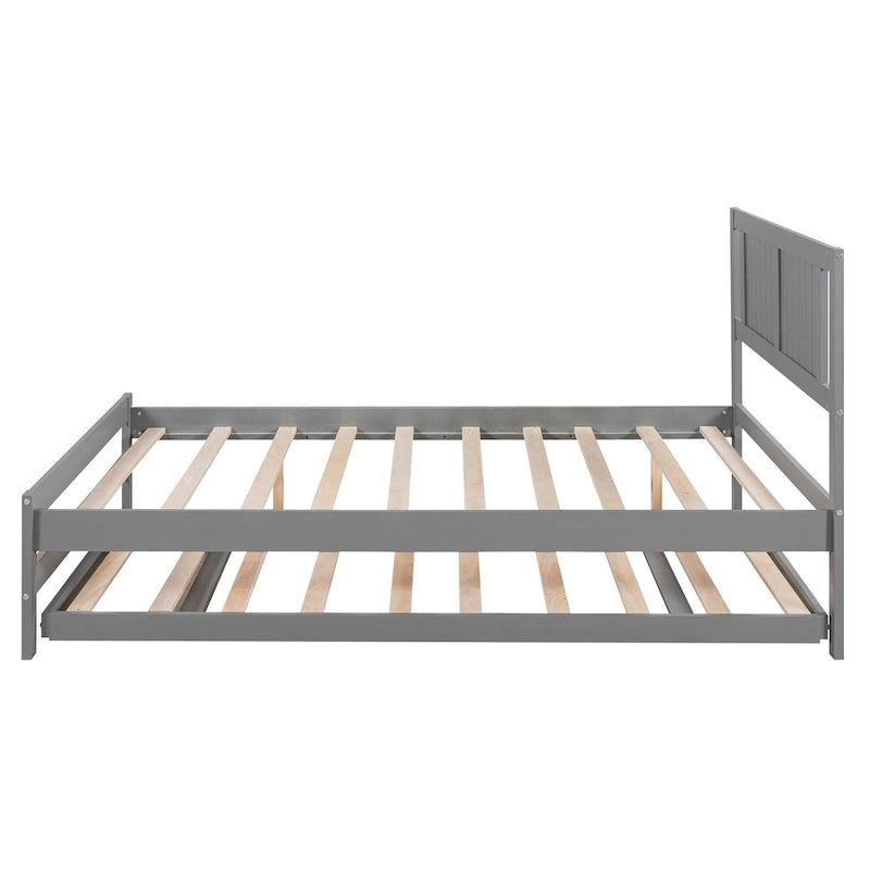 Modern Full Size Pine Wood Platform Bed with Adjustable Trundle