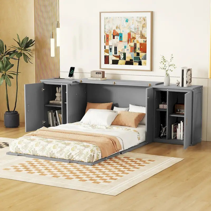 Gray Full Size Murphy Bed with Shelves, Cabinets, and USB Charging Ports