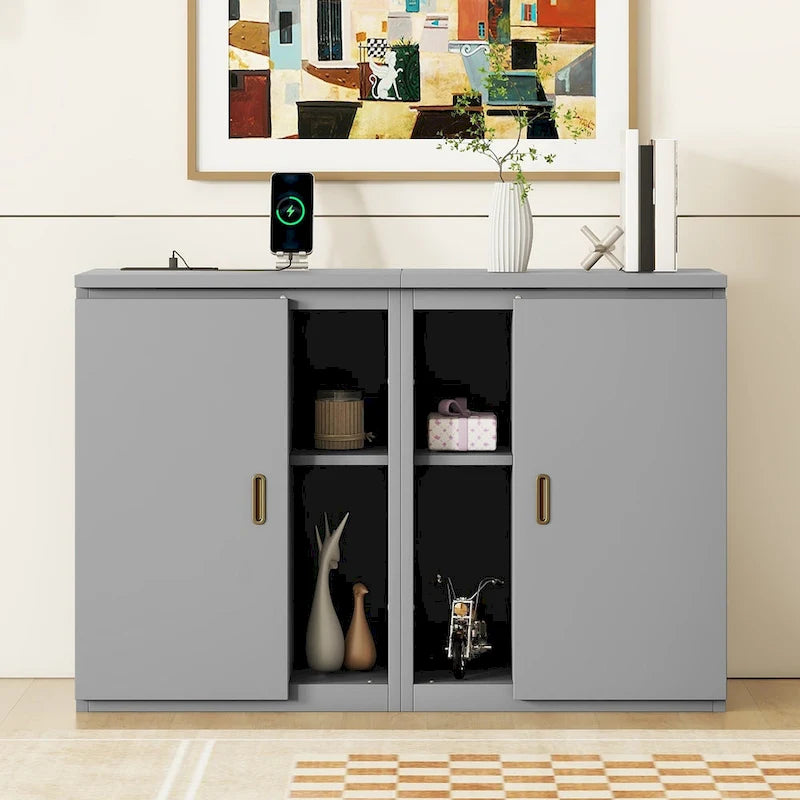 Gray Full Size Murphy Bed with Shelves, Cabinets, and USB Charging Ports