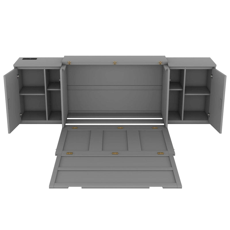 Gray Full Size Murphy Bed with Shelves, Cabinets, and USB Charging Ports