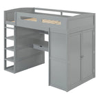 Gray Twin Size Solid Wood Loft Bed with Desk, Wardrobes, and Shelves