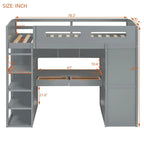 Gray Twin Size Solid Wood Loft Bed with Desk, Wardrobes, and Shelves