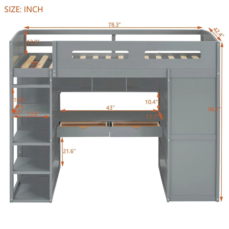 Gray Twin Size Solid Wood Loft Bed with Desk, Wardrobes, and Shelves