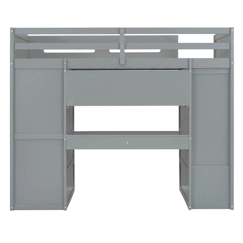 Gray Twin Size Solid Wood Loft Bed with Desk, Wardrobes, and Shelves