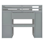 Gray Twin Size Solid Wood Loft Bed with Desk, Wardrobes, and Shelves