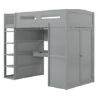 Gray Twin Size Solid Wood Loft Bed with Desk, Wardrobes, and Shelves