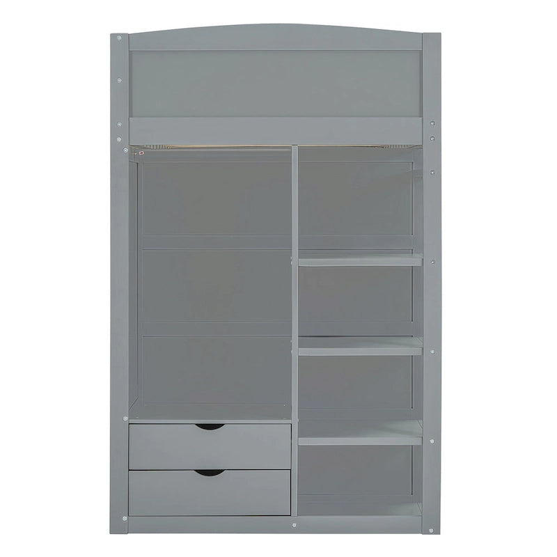 Gray Twin Size Solid Wood Loft Bed with Desk, Wardrobes, and Shelves